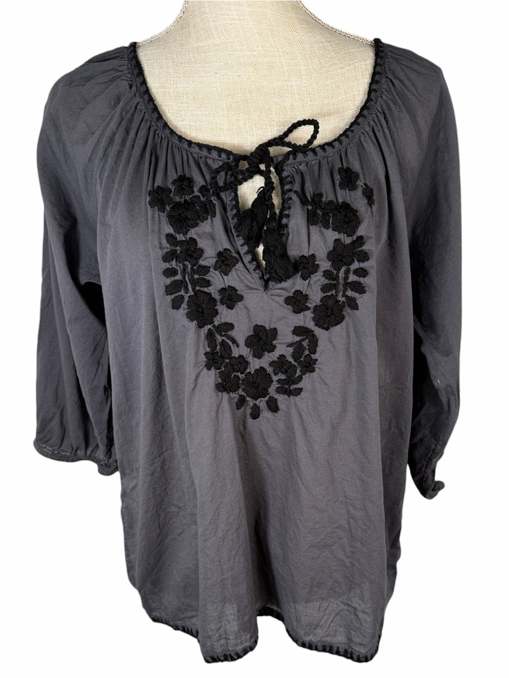 Natural Life Grey & Black Embroidered 3/4 Sleeve Lightweight Cotton Top